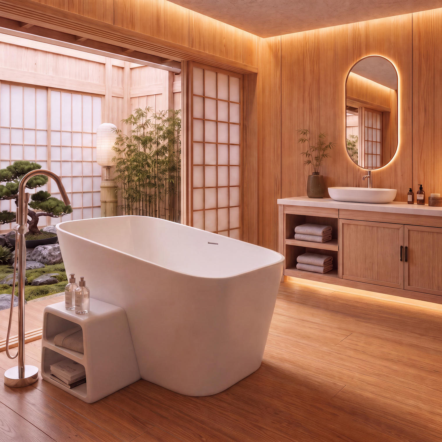 A modern freestanding bathtub in a warm, wood-paneled bathroom with a Japanese-style outdoor garden visible through shoji screens.