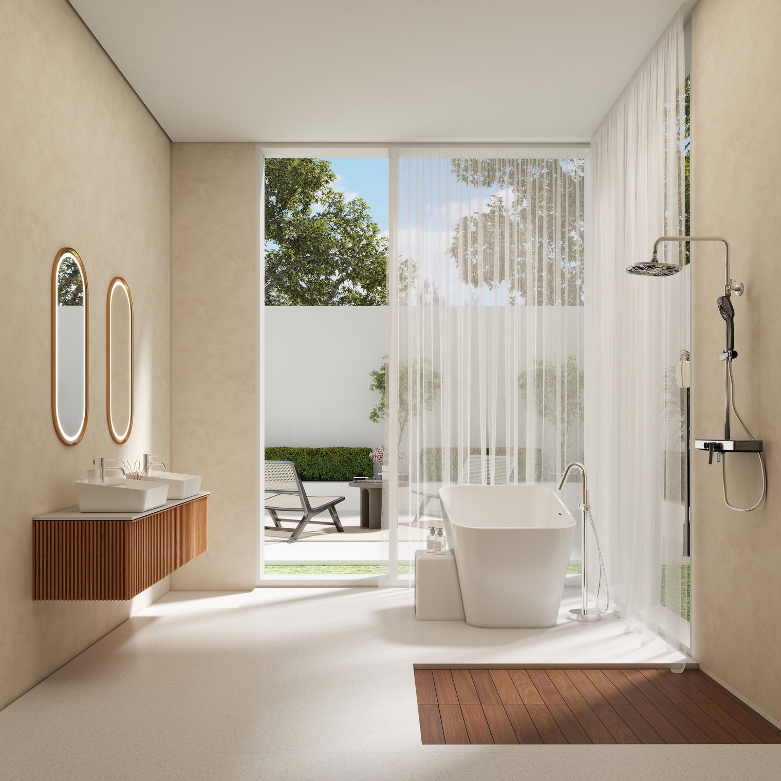 Modern bathroom with a bathtub, shower, and large windows.