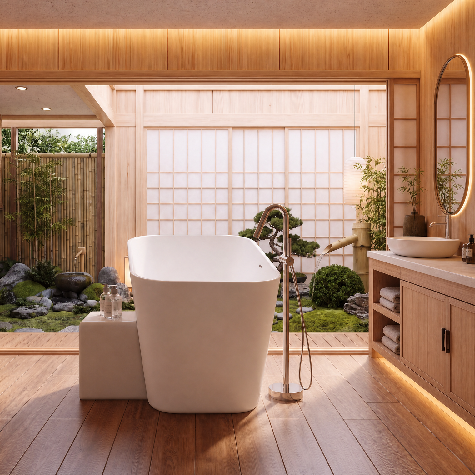 A modern freestanding white bathtub in a minimalist Japanese-style bathroom with light wood flooring, shoji-style walls, and an outdoor garden visible through the back.
