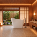 A modern freestanding white bathtub placed in a warm-toned wooden bathroom with shoji-style walls, a vanity, and an open doorway overlooking a small garden.