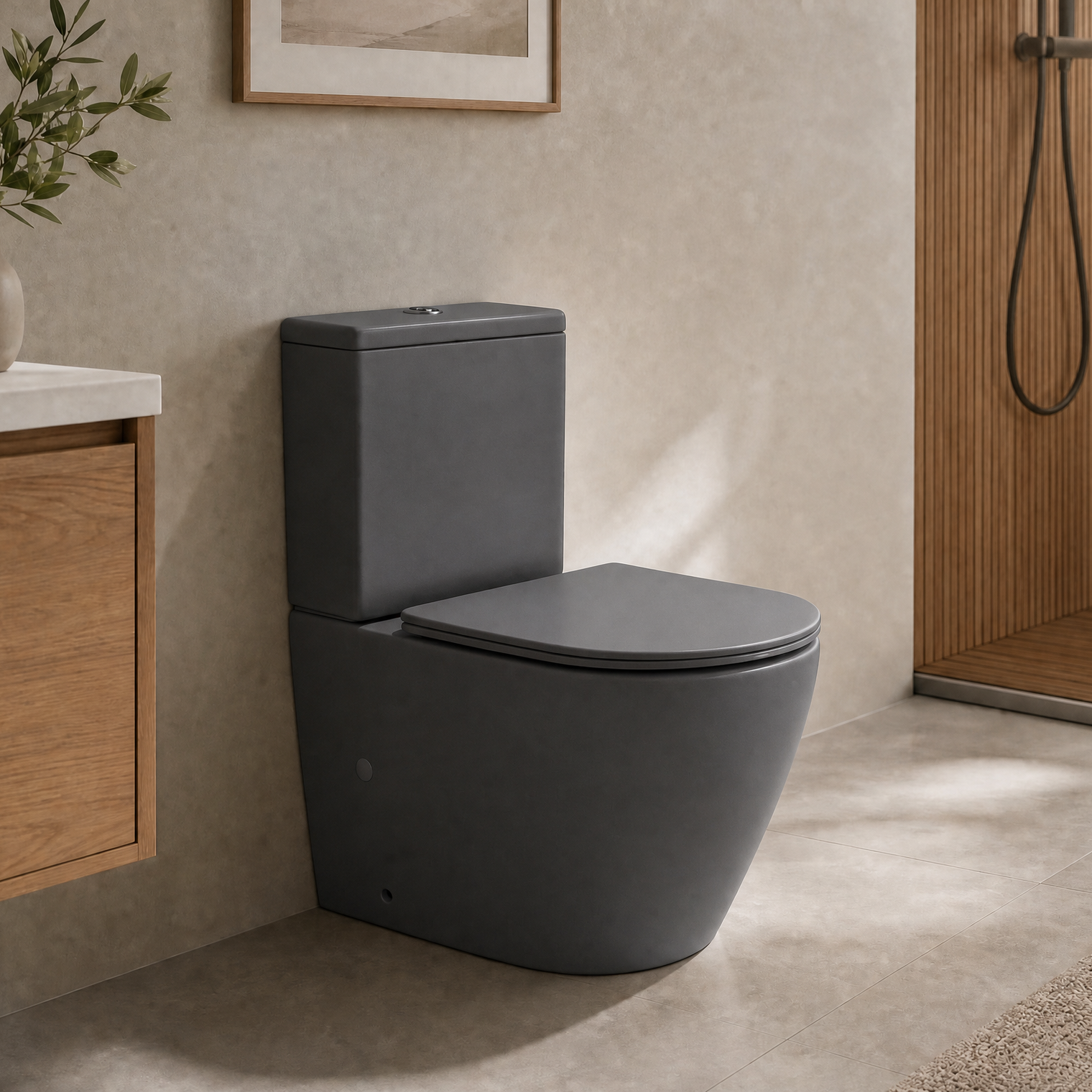 A matte dark gray ceramic toilet with a matching closed lid, shown installed in a modern bathroom with beige walls, wood cabinetry, and a glass shower enclosure.