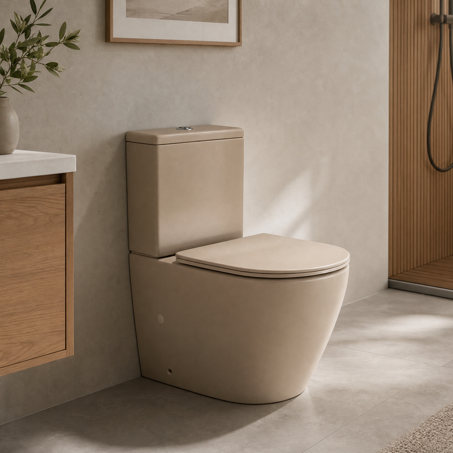 A modern 2-piece ceramic toilet in a warm beige or taupe color, shown installed in a minimalist bathroom setting with a wood-look tiled shower area and neutral-toned walls.
