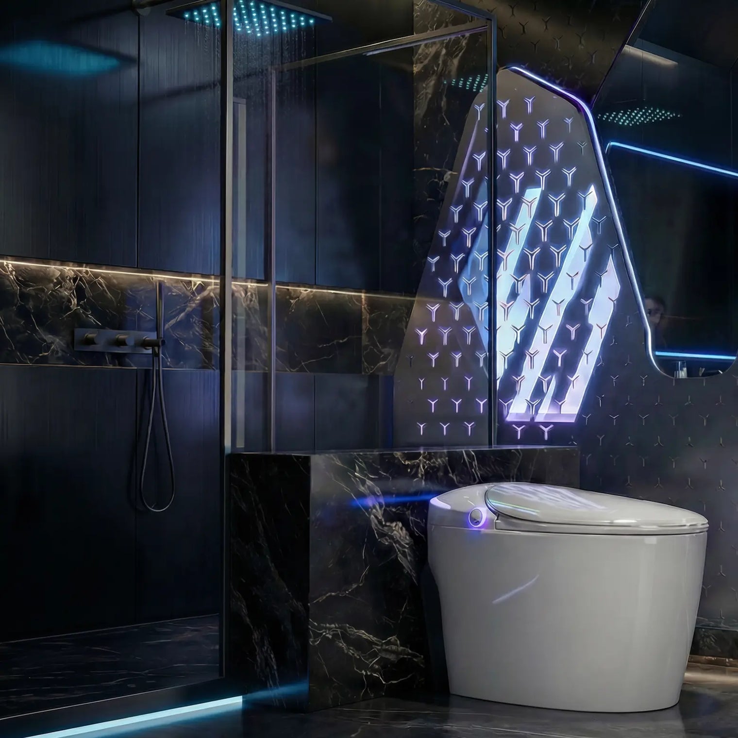 Modern bathroom with a toilet and shower area, featuring a woman sitting on a chair.