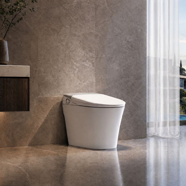 Modern Smart toilet in a bathroom with a scenic view of a house by the water.