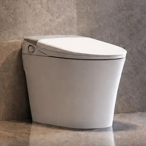 Modern toilet in a bathroom with a scenic view of a house by the water.