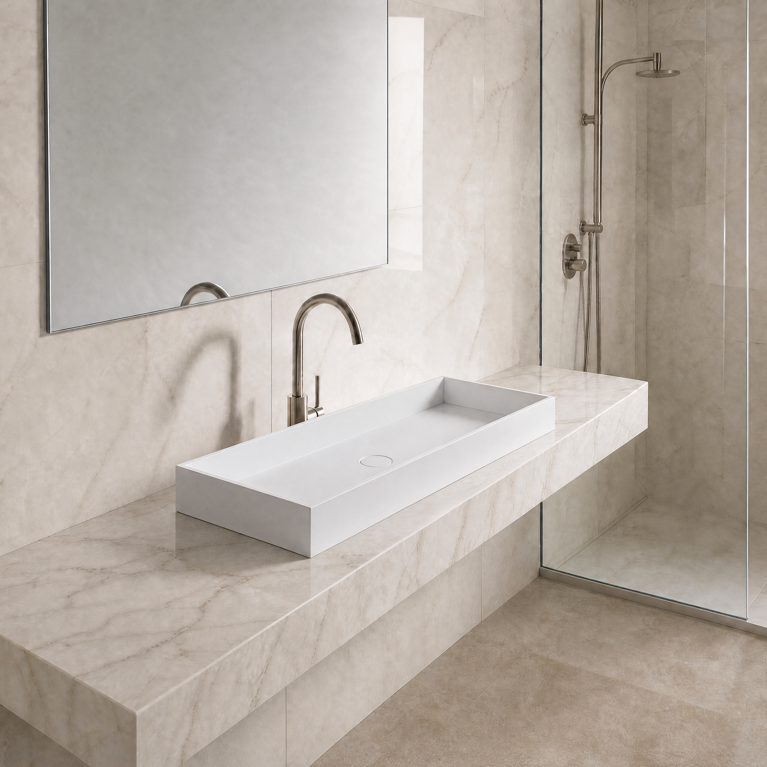Modern bathroom with a white sink on a marble countertop, large mirror, and shower area.