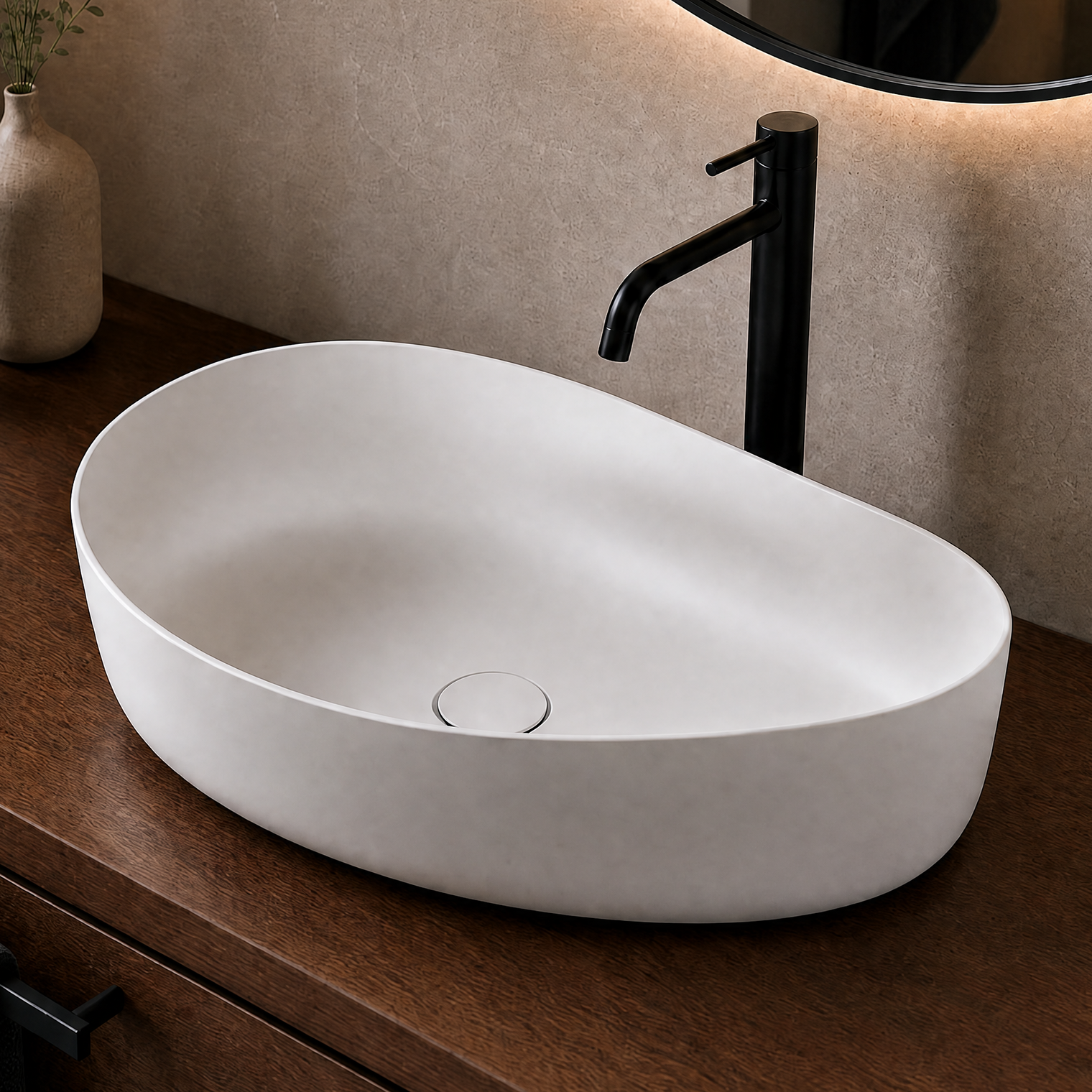 White Solid Surfaces oval sink on a wooden vanity with a black faucet, towel, and decorative items.