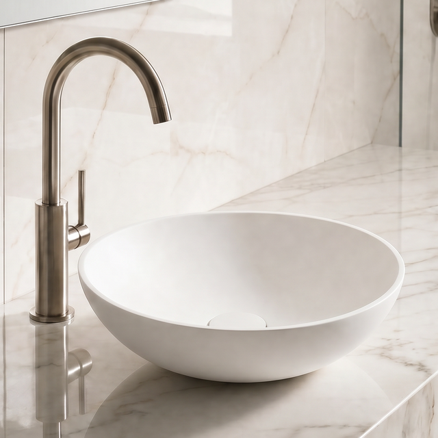Bathroom sink with marble countertop and tiled wall
