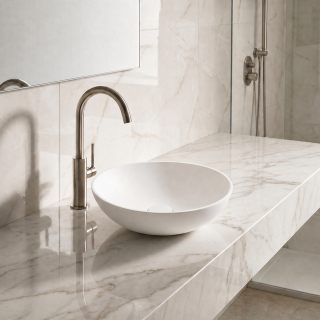 Bathroom sink with marble countertop and tiled wall
