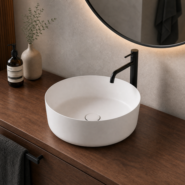 White round sink on a wooden vanity with a black faucet, mirror, and decorative items.