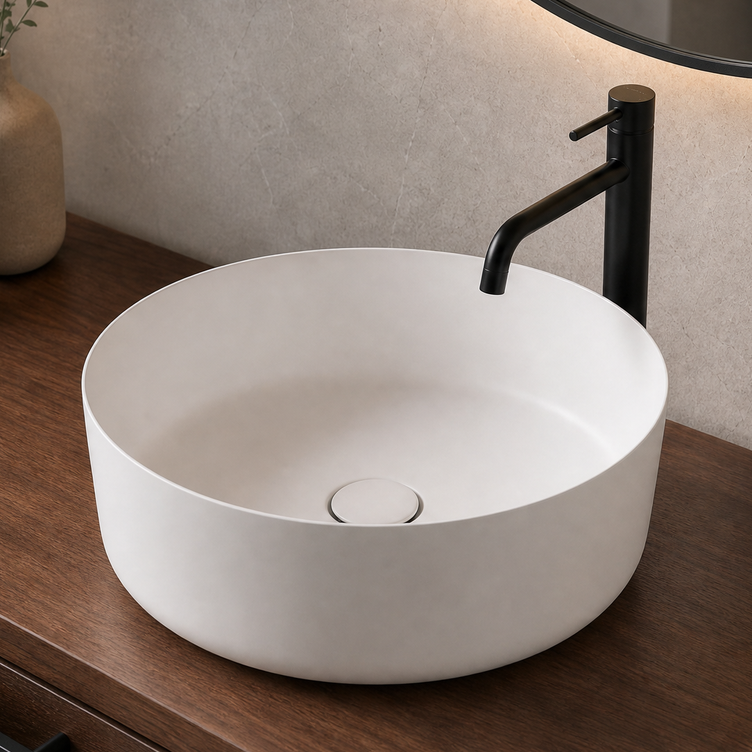White round sink on a wooden vanity with a black faucet, mirror, and decorative items.