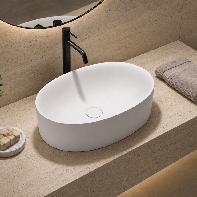Bathroom sink with black faucet, towel, and soap on a beige countertop.