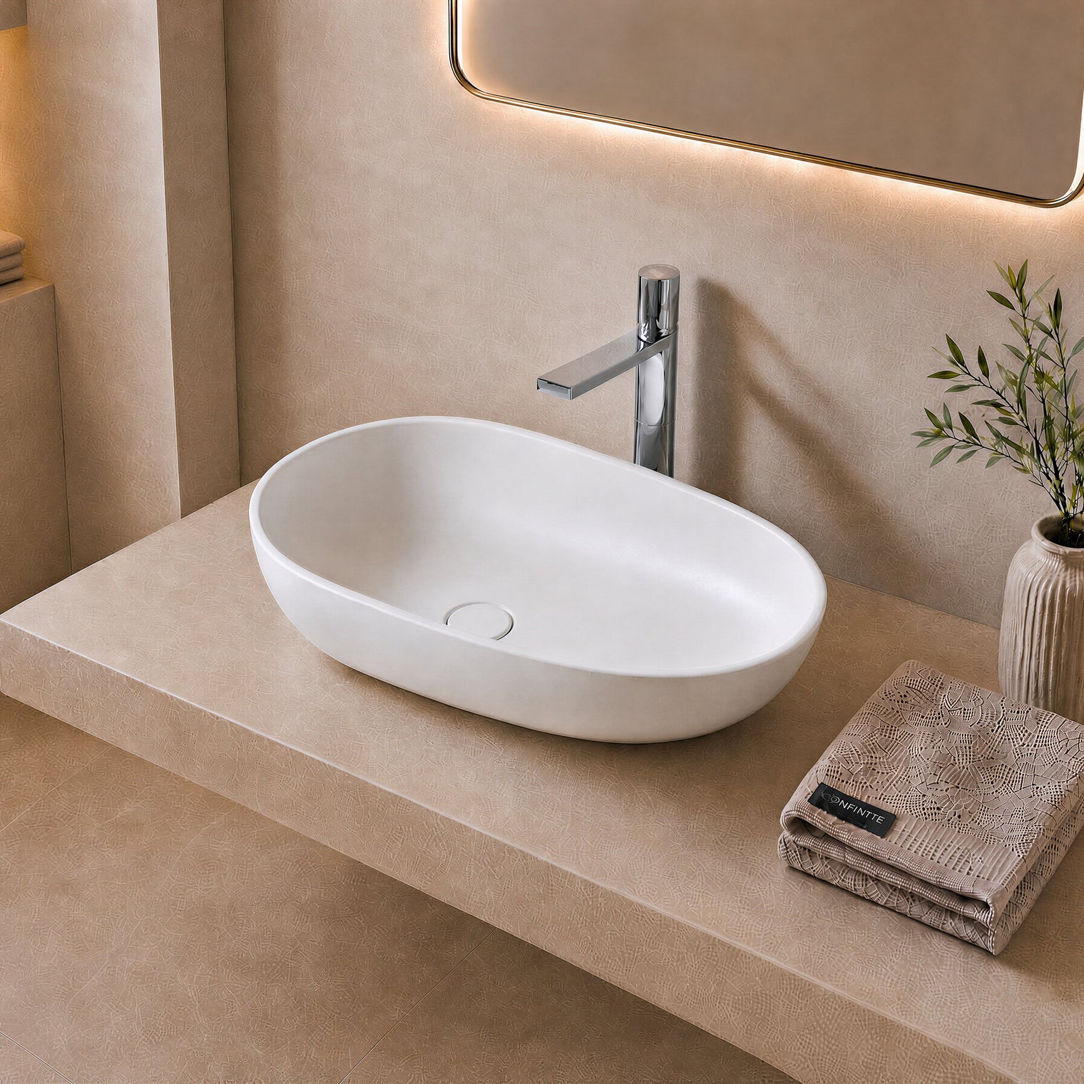 Modern bathroom with a white Solid Surfaces sink on a beige countertop, illuminated by warm lighting.