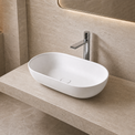 Modern bathroom with a white Solid Surfaces sink on a beige countertop