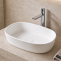Modern bathroom solid surfaces sink with faucet, towel, and plant in a neutral-toned setting