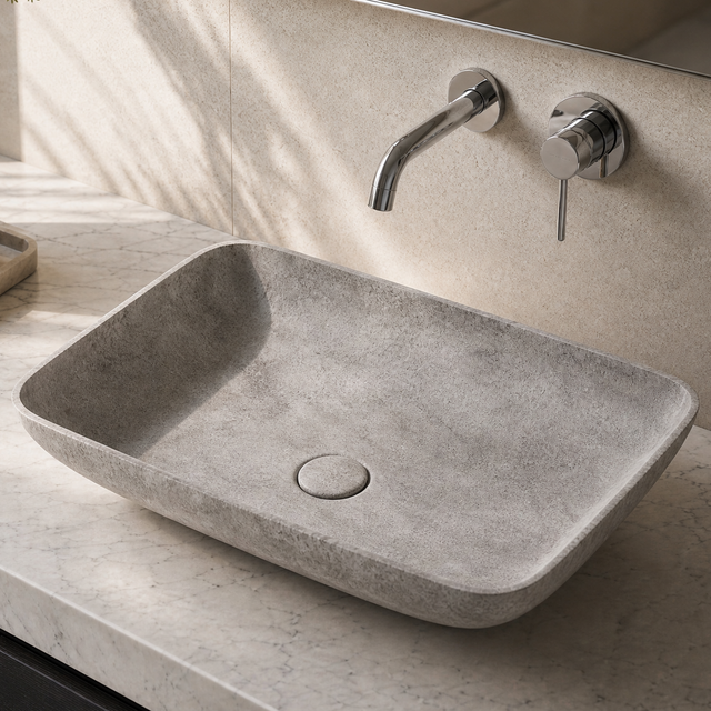 Bathroom vanity with a concrete sink and faucet