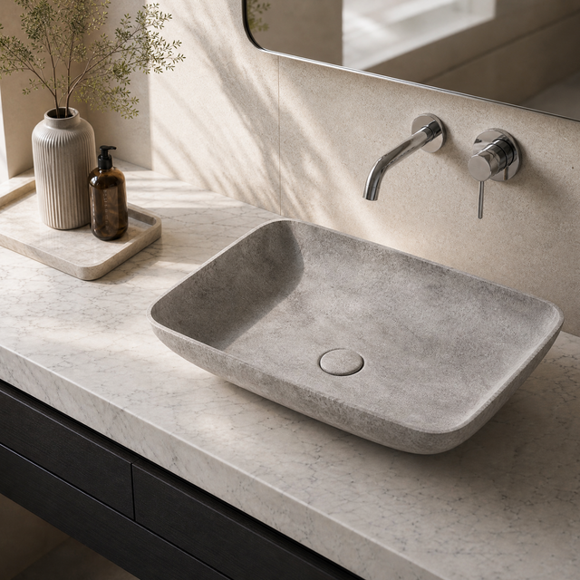 Bathroom vanity with a concrete sink and faucet