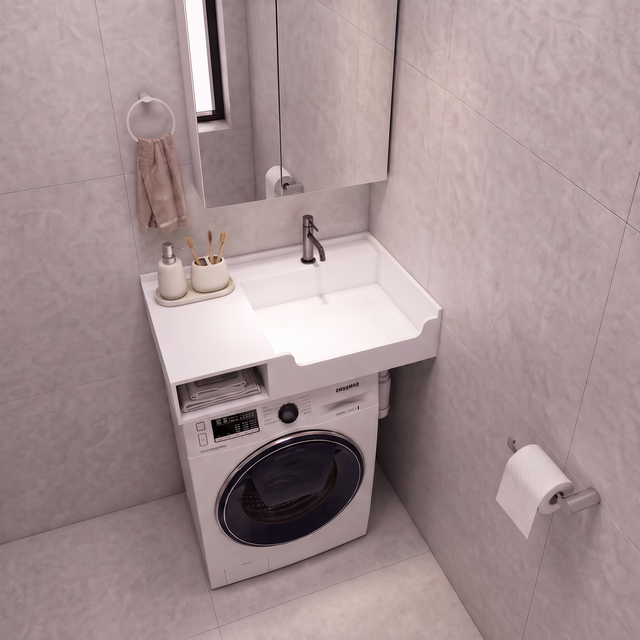 A compact bathroom vanity setup with a white sink and countertop, integrated washing machine underneath, shown in a tiled bathroom. A mirror, faucet, soap dispenser, and toilet paper holder are visible.
