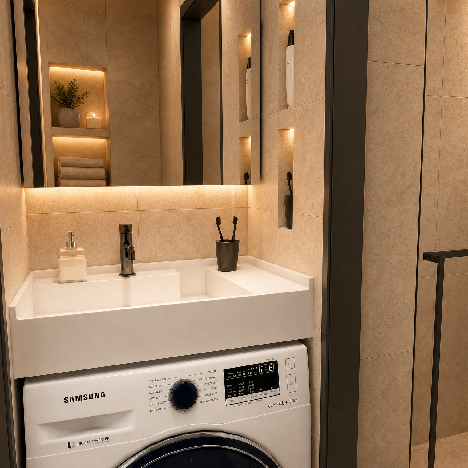 A modern bathroom vanity setup featuring a white Samsung washing machine integrated beneath a white sink with a chrome faucet, set against warm beige stone walls with built-in shelving and a glass shower enclosure.