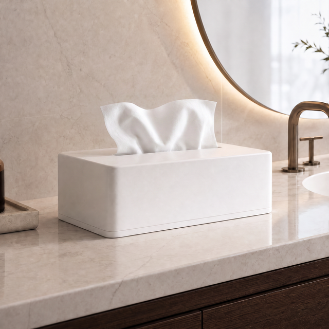 A white rectangular tissue box cover holding white tissue paper, placed on a light marble bathroom countertop near a sink, faucet, and round mirror.