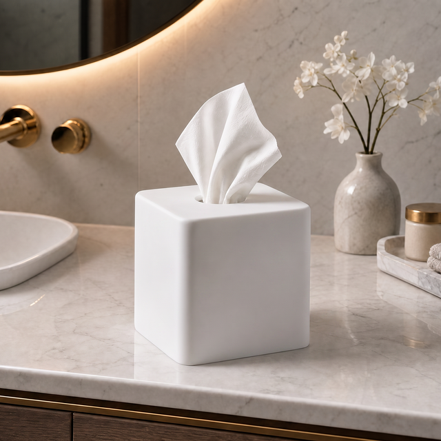 A white square tissue box cover holding a white tissue, styled on a marble bathroom counter next to a gold faucet, a vase of flowers, and a small jar.