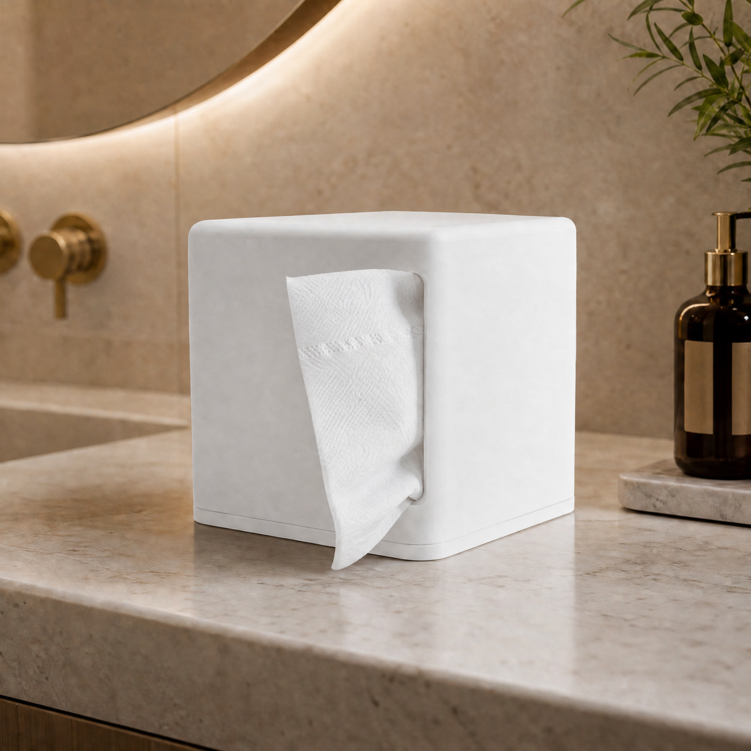 A white square tissue box cover holding a folded white tissue, set on a beige marble bathroom counter with a gold faucet, mirror, plant, and amber soap dispenser in the background.