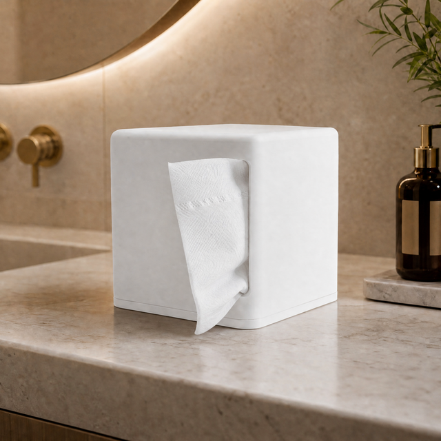 A white square tissue box cover holding a folded white tissue, set on a beige marble bathroom counter with a gold faucet, mirror, plant, and amber soap dispenser in the background.