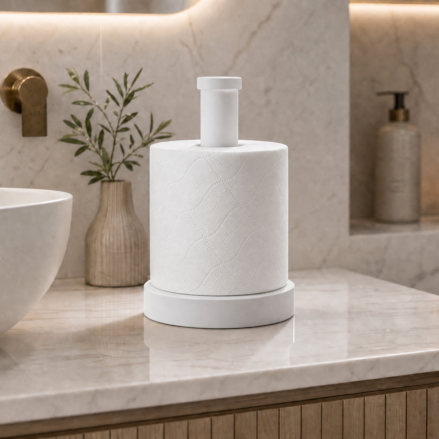 A white textured cylindrical bathroom accessory with a small top spout, displayed on a marble countertop in a modern bathroom setting.