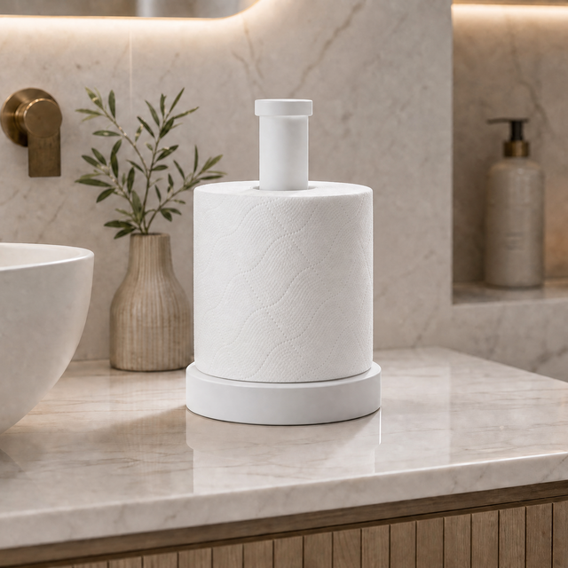 A white textured cylindrical bathroom accessory with a small top spout, displayed on a marble countertop in a modern bathroom setting.
