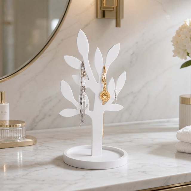 A white leaf-shaped jewelry tree stand with a round base, styled on a marble bathroom counter with gold jewelry displayed on its branches.