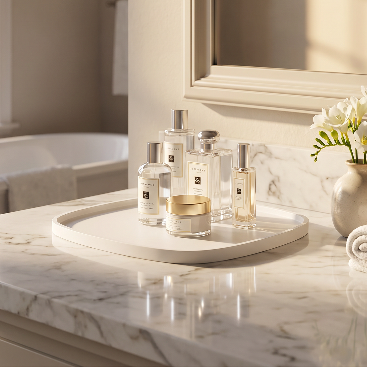 A set of luxury skincare and fragrance bottles arranged on a white oval tray on a marble bathroom vanity, with a rolled towel, a small vase of white flowers, and a lit candle nearby.
