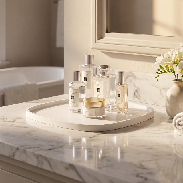 A set of luxury skincare and fragrance bottles arranged on a white oval tray on a marble bathroom vanity, with a rolled towel, a small vase of white flowers, and a lit candle nearby.