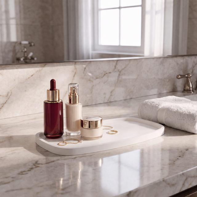 A set of premium skincare bottles and a cream jar arranged on a white marble tray on a marble bathroom counter, next to a folded white towel.