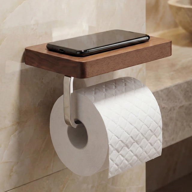 Wooden shelf with a smartphone and toilet paper holder mounted on a tiled bathroom wall.