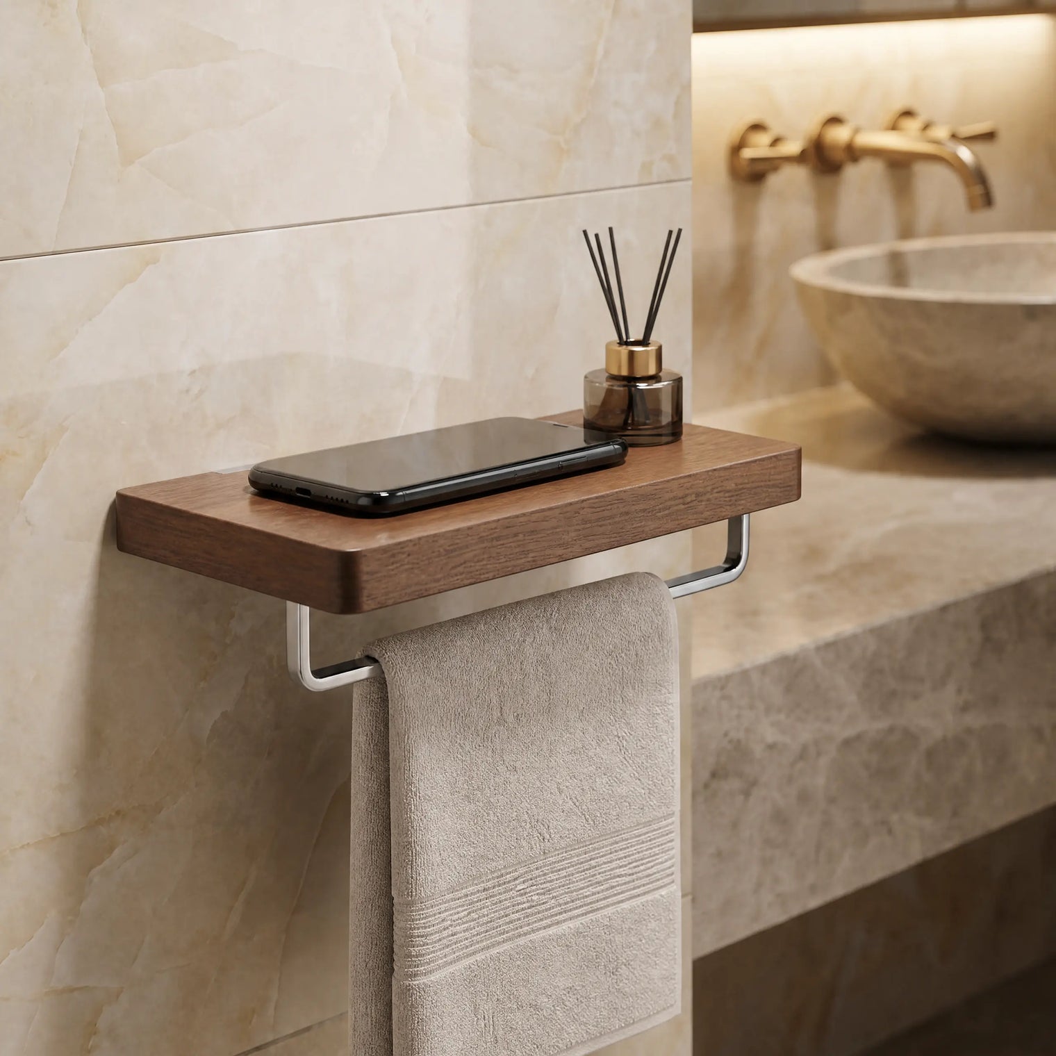 Bathroom setting with wooden shelf, towel, and phone on a tiled wall.