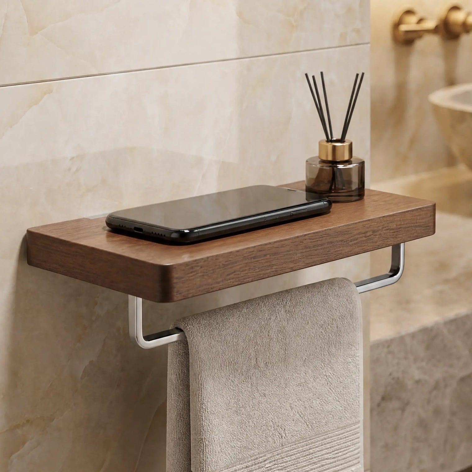 Bathroom setting with wooden shelf, towel, and phone on a tiled wall.