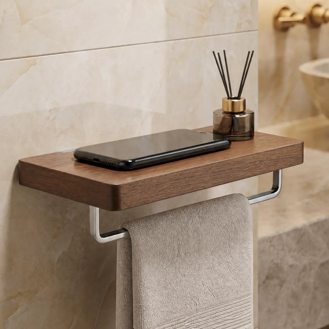 Bathroom setting with wooden shelf, towel, and phone on a tiled wall.