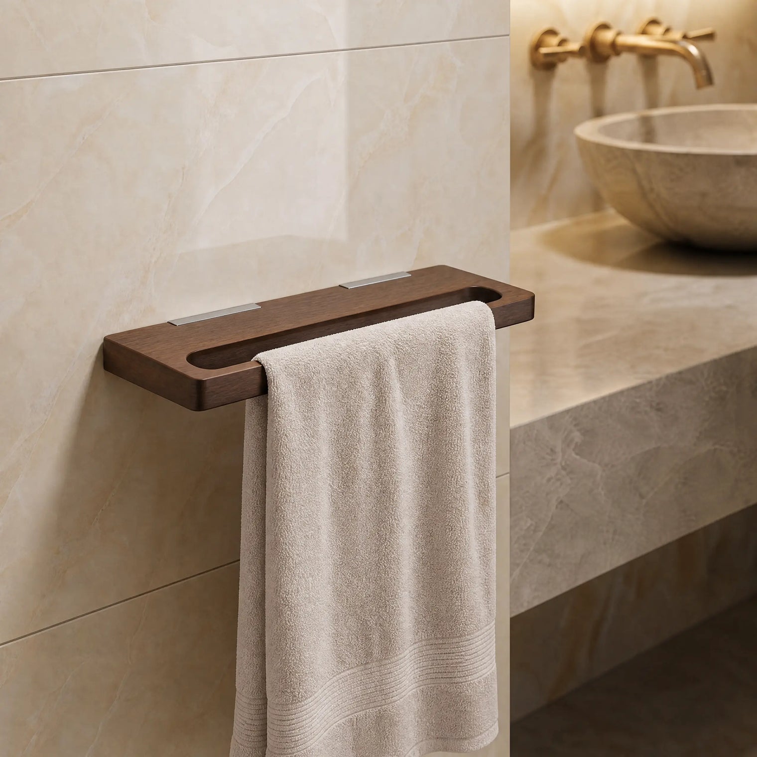 Towel hanging on a wooden towel rack in a bathroom with marble walls and a sink.