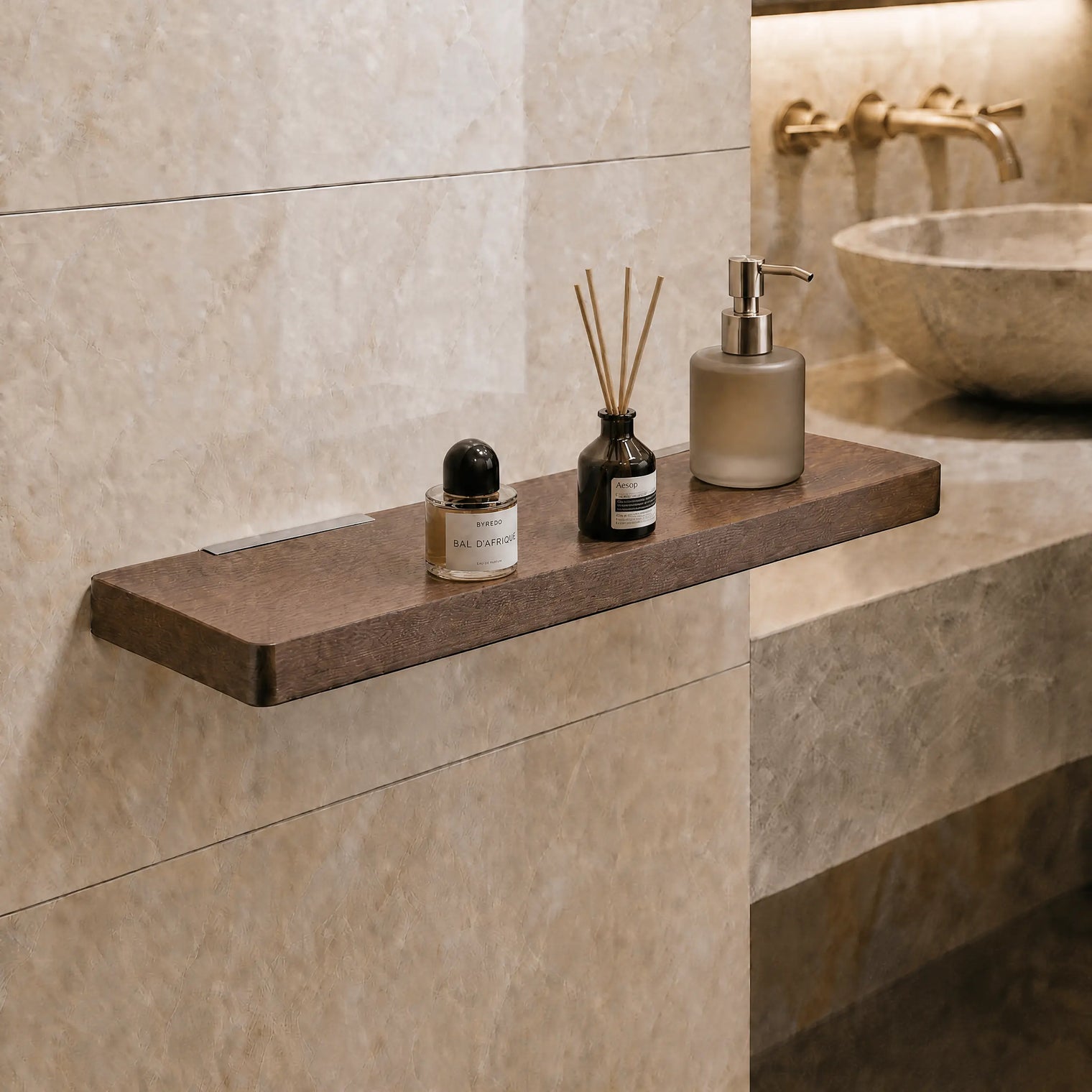 Bathroom counter with a wooden shelf holding skincare products against a tiled wall.