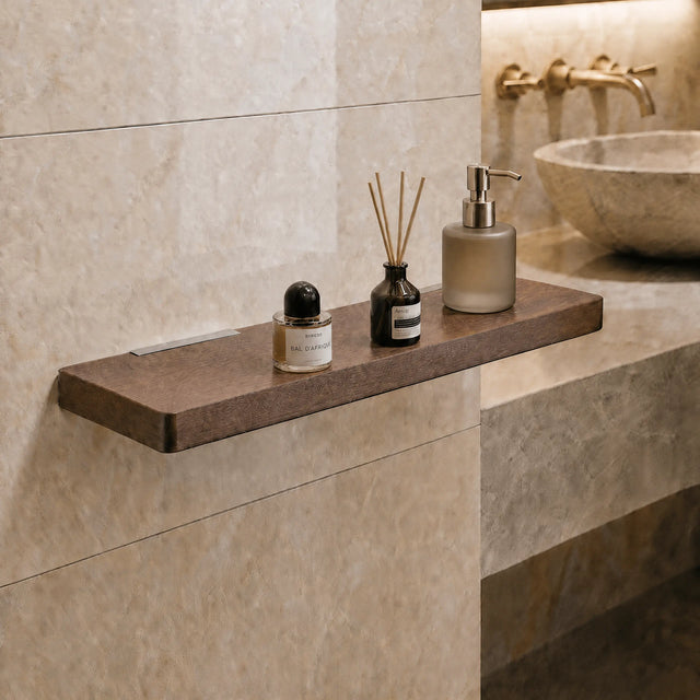 Bathroom counter with a wooden shelf holding skincare products against a tiled wall.