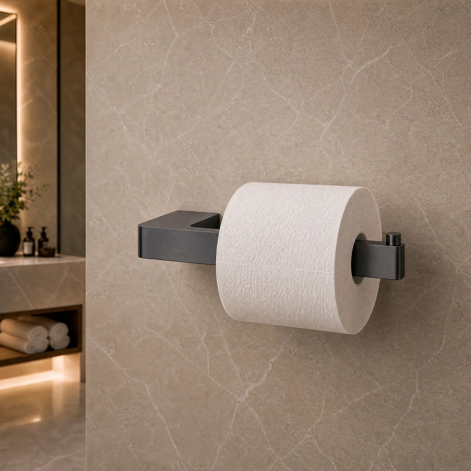 Black toilet paper holder with a roll of toilet paper on a beige tiled bathroom wall.