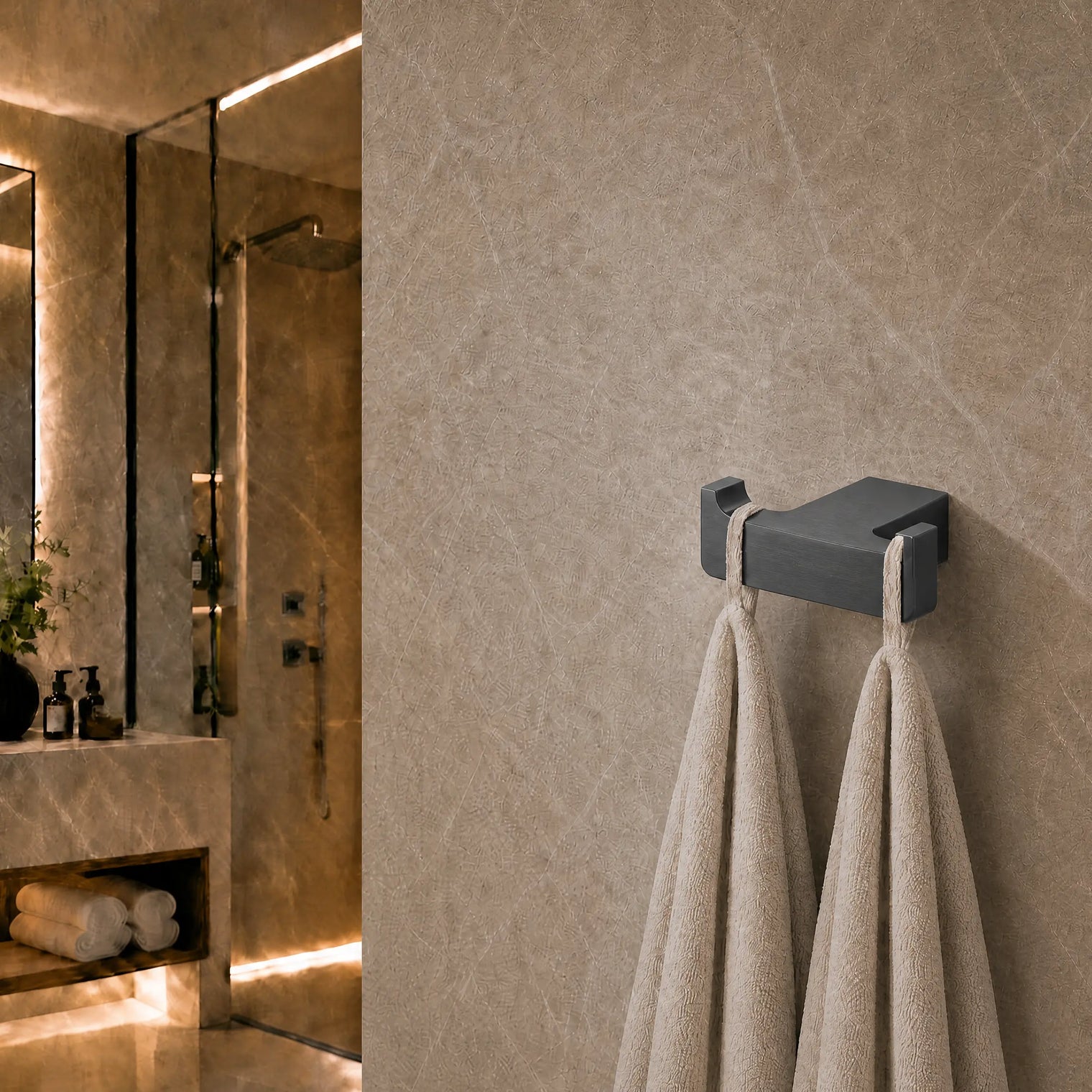 Towel rack with towels on a textured wall in a bathroom setting