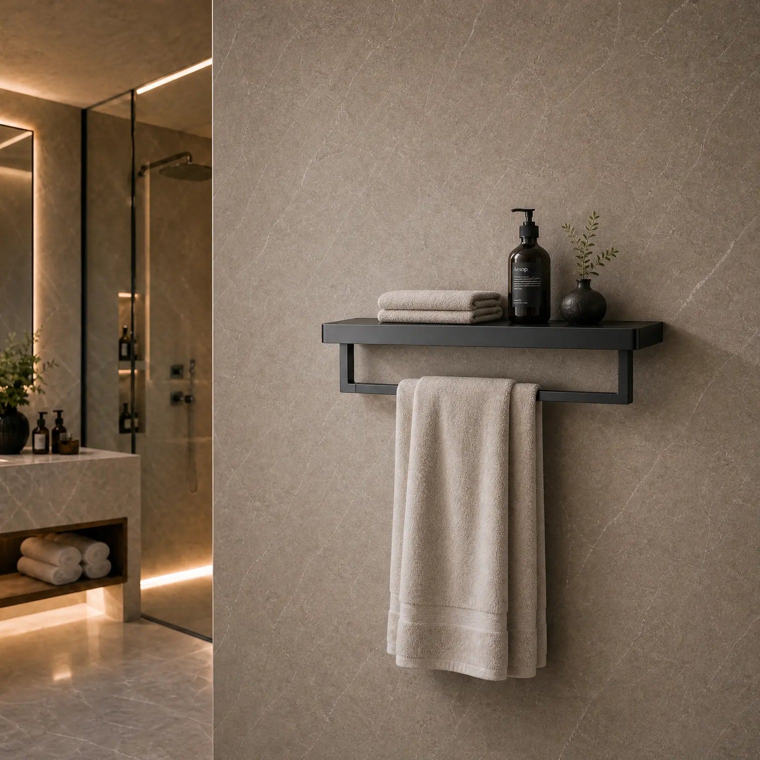 Bathroom interior with a shelf holding towels and toiletries against a tiled wall.