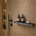Bathroom with shower setup, bottles on a shelf, and mirror reflecting the room.