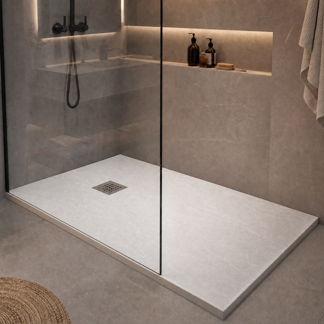 Modern shower with a flat floor and built-in shelves in a bathroom setting.