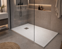 Modern shower with a flat floor and built-in shelves in a bathroom setting.