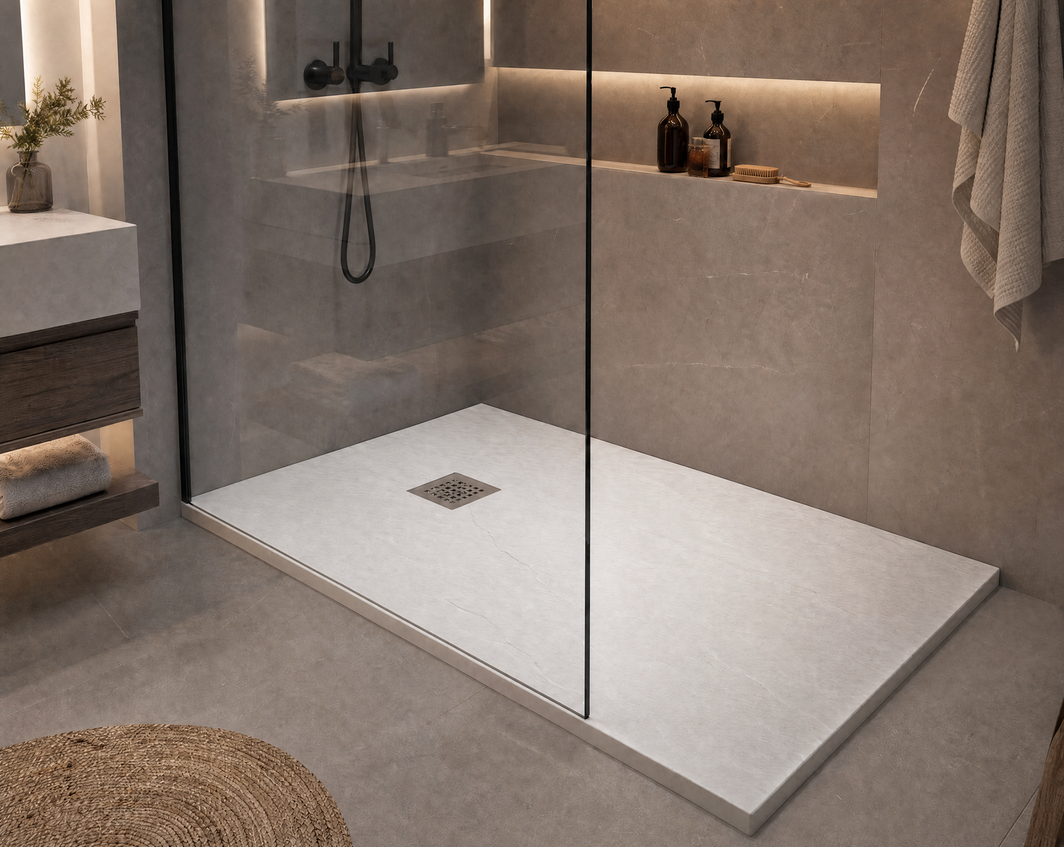 Modern shower with a flat floor and built-in shelves in a bathroom setting.