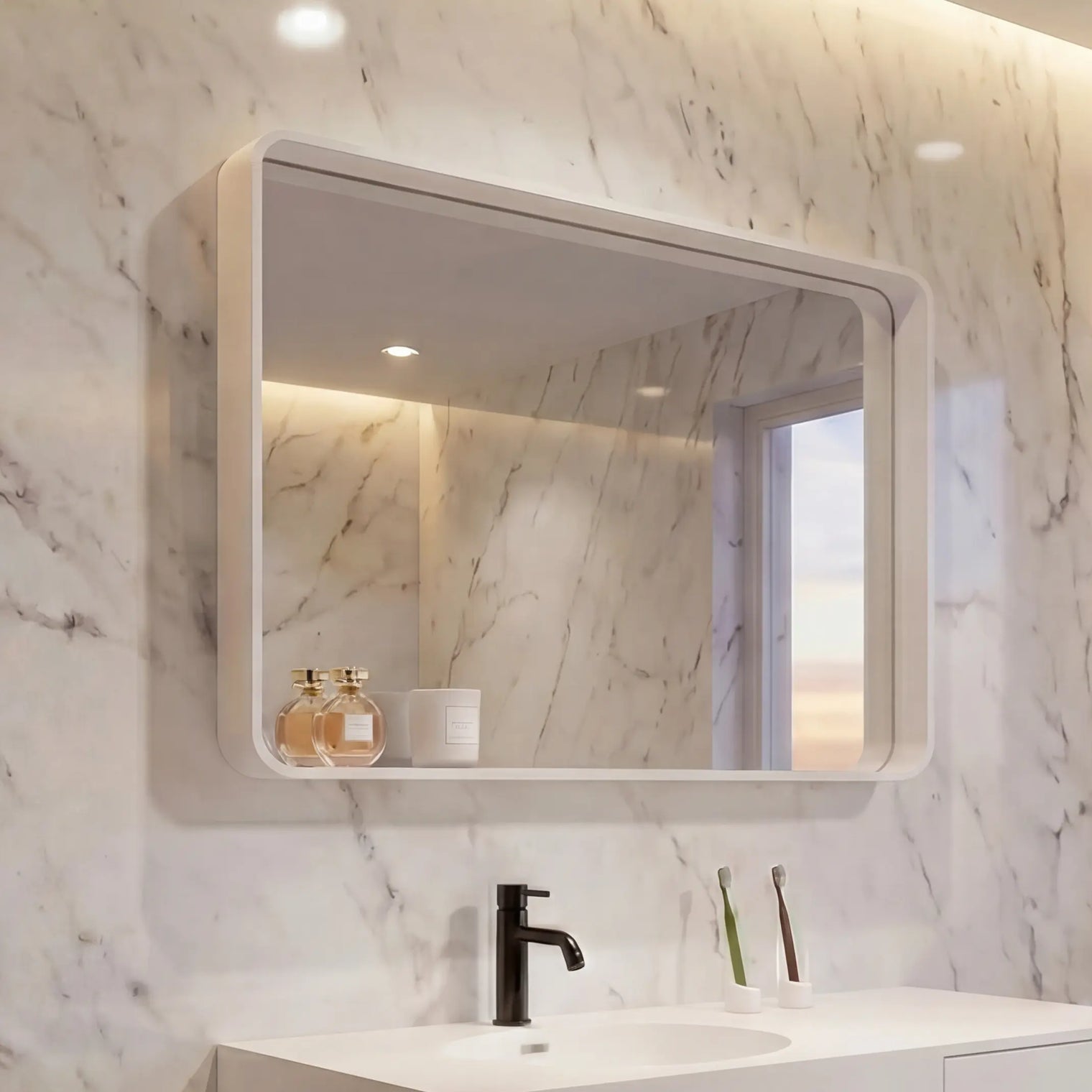 Modern bathroom with marble walls, a white vanity, and a large mirror.
