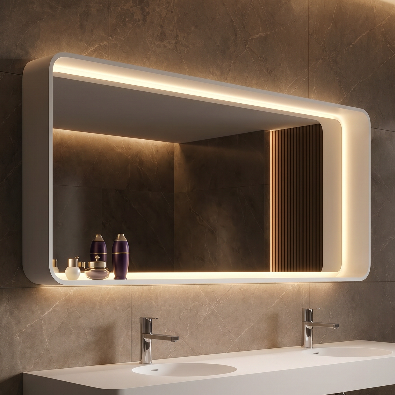 Bathroom with a modern sink and illuminated mirror.