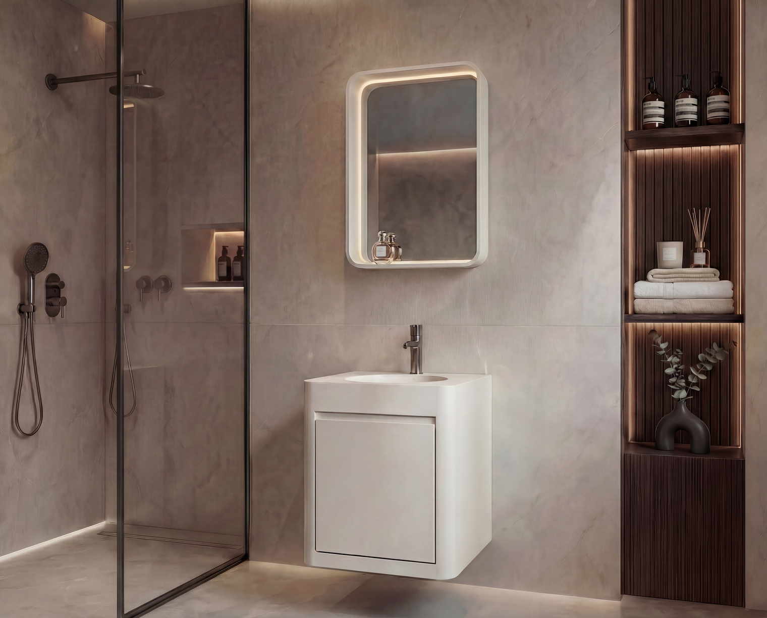 Modern bathroom with a sink, mirror, and shelves.